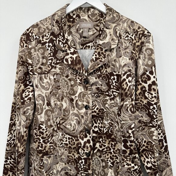 Chicos 3 US XL 16 18 Jacket Coat Woven Cotton Brown Stretch‎ Pockets Button Up - Picture 2 of 11